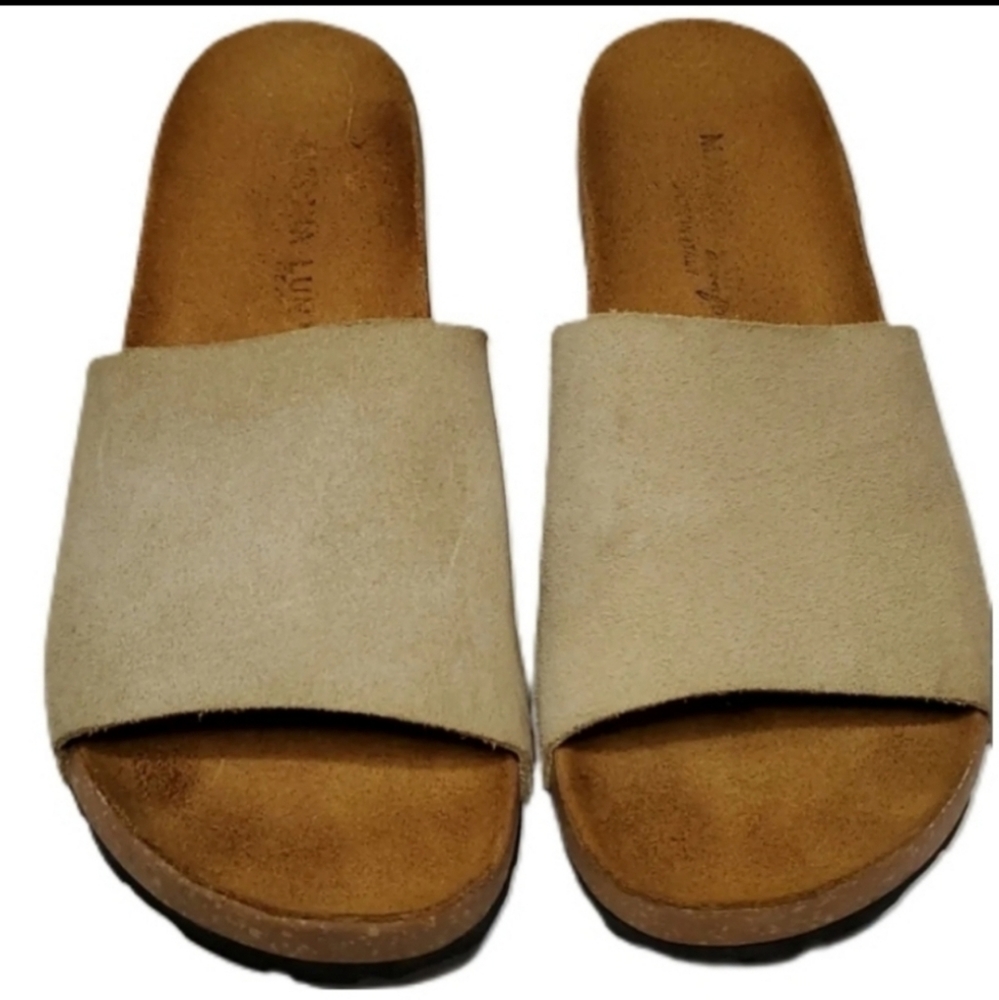 Marina Luna Leather Italy Slip On Slide Sandals Arch Footbed Comfortable Beige 7